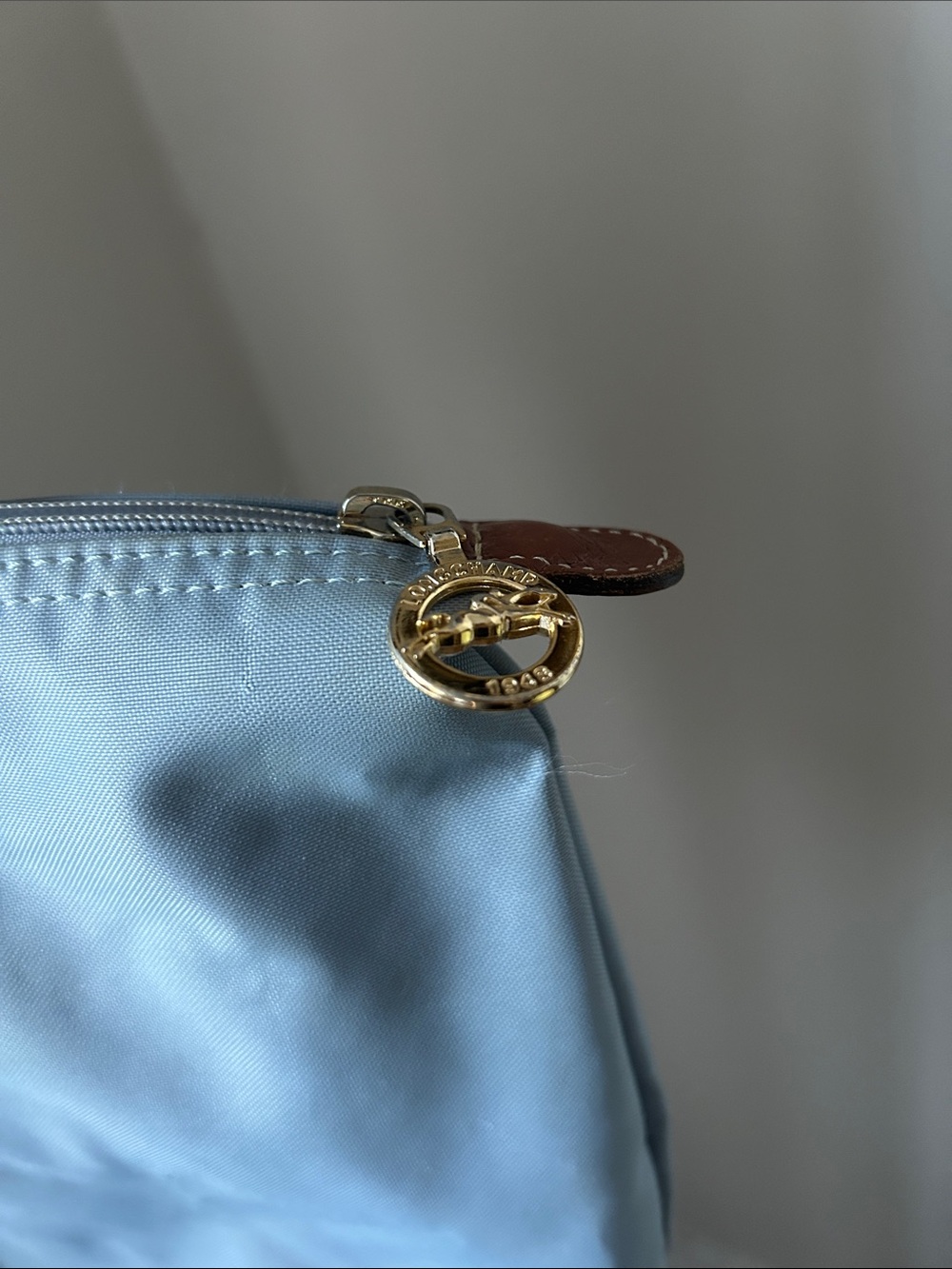 Longchamp Light Blue Nylon Tote with Brown Leather Trim - Picture 9 of 16